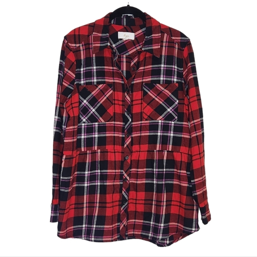 Braeve Flannel plaid peplum button down red black large